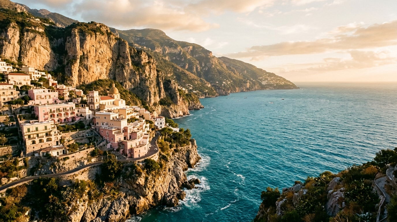 Sunlit Amalfi Coast cliffs dropping steeply into turquoise Mediterranean waters