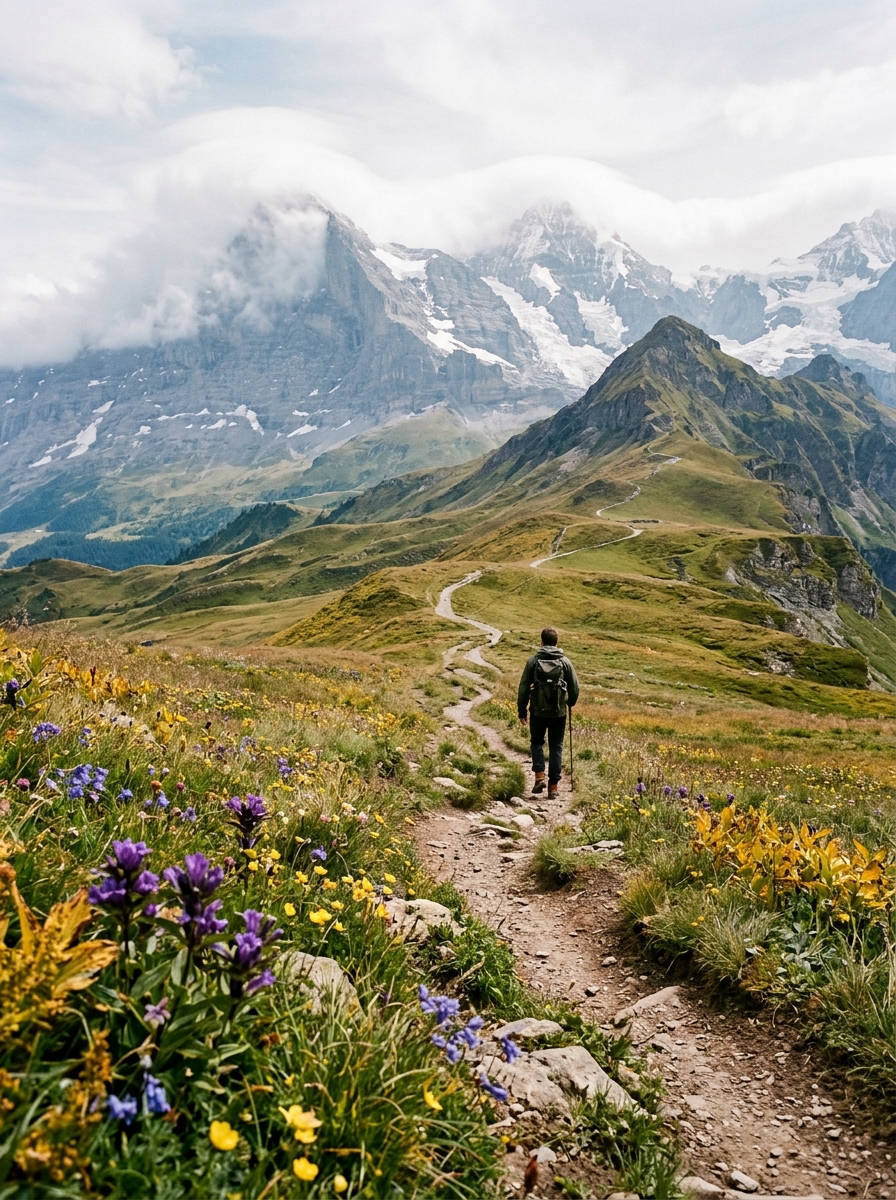 Lone hiker on scenic mountain ridge trail facing snow-dusted jagged Swiss Alps peaks