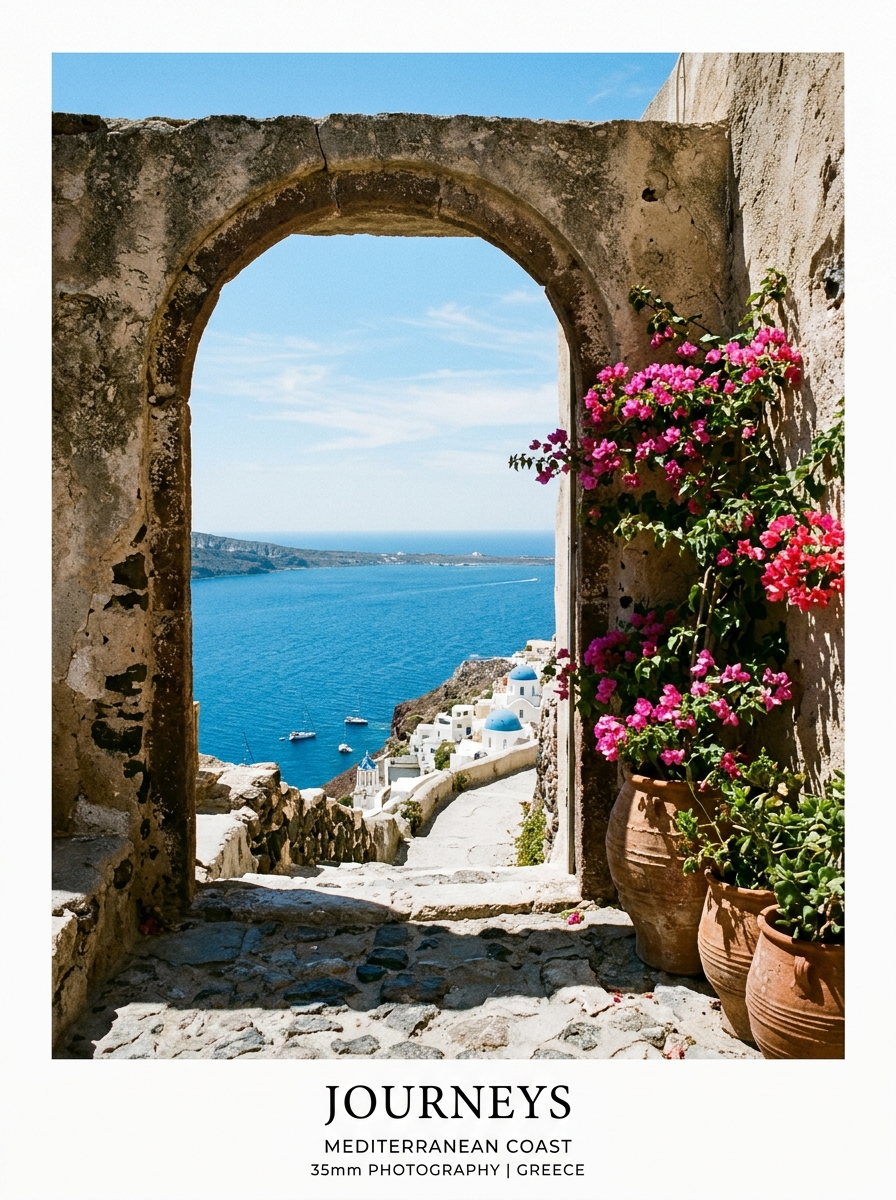 Stone archway framing Mediterranean sea with pink bougainvillea in ceramic pots