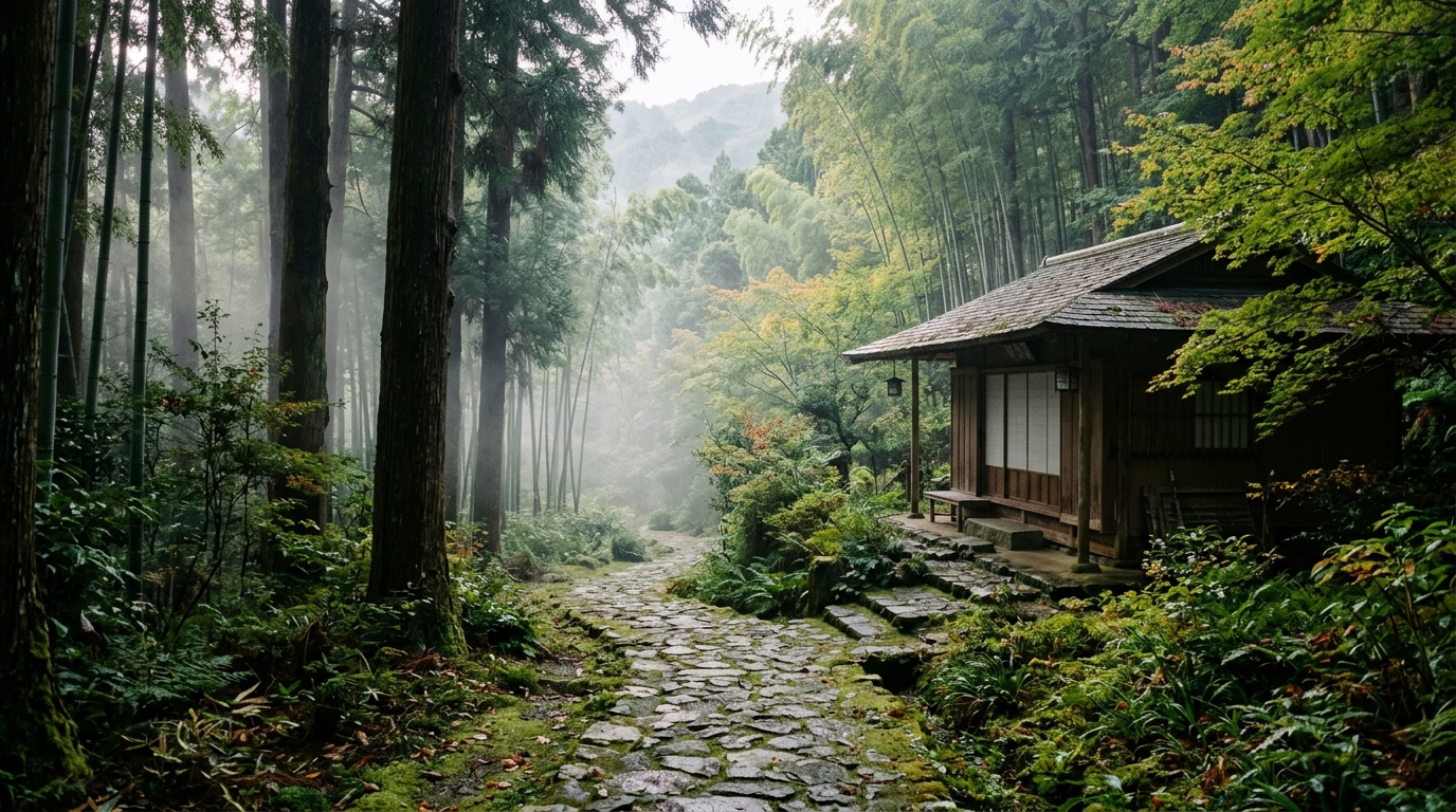Traditional Japanese wooden sanctuary nestled in misty bamboo forest with moss-lined stone path