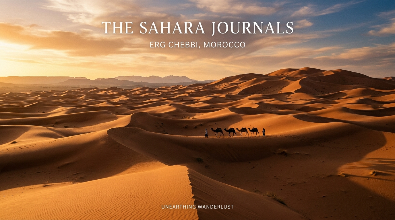 Golden hour sunlight over curving Sahara sand dunes with camel caravan on the ridge